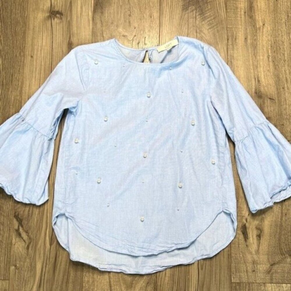 LOFT Heather Blue Cotton Pearl Embellished Blouse Size XS - Picture 14 of 14